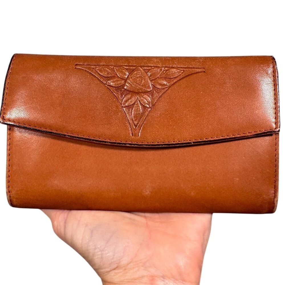 Vintage Rolfs Women's Brown Leather Wallet Floral Embossed Checkbook